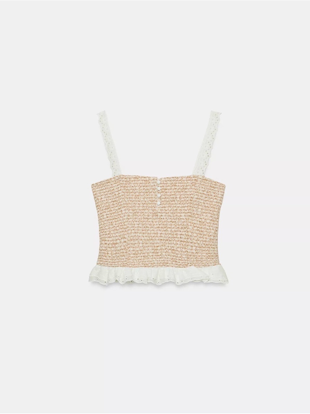 ZARA Smocked Eyelet-Trim Cami Top in Beige and White